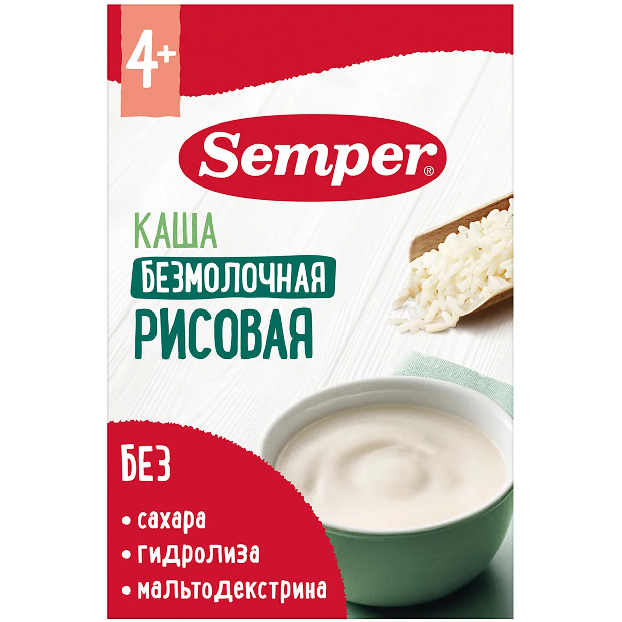 Каша Semper безмолочная рисовая 4м+ 180 гр