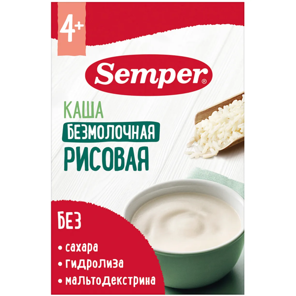Каша Semper безмолочная рисовая 4м+ 180 гр