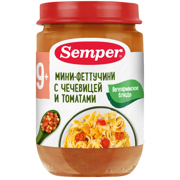 Пюре Semper мини-феттучини с чечевицей и томатами 9м+ 190 гр