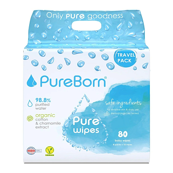PureBorn Kids: салфетки натуральные, органические, для чувствительной кожи TRAVEL BAG (10' x 8) (80')