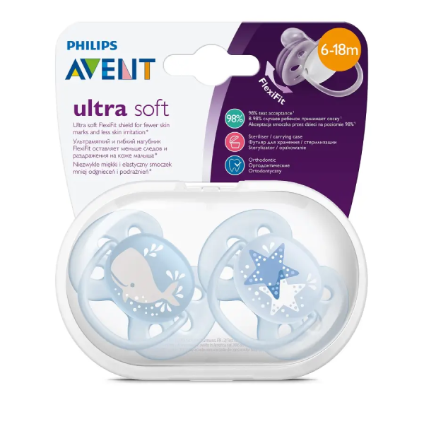Пустышка Philips Avent ultra soft с футляром для стерилизации 2шт 6-18месяцев SCF223/03