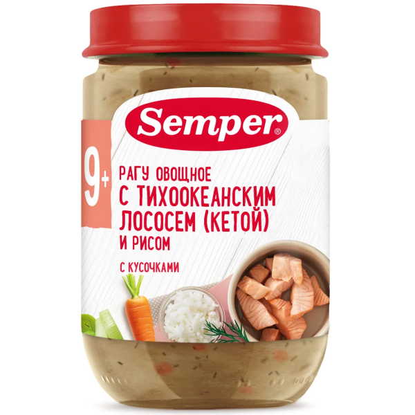 Пюре Semper рагу овощное с кетой и рисом 9м+ 190 гр