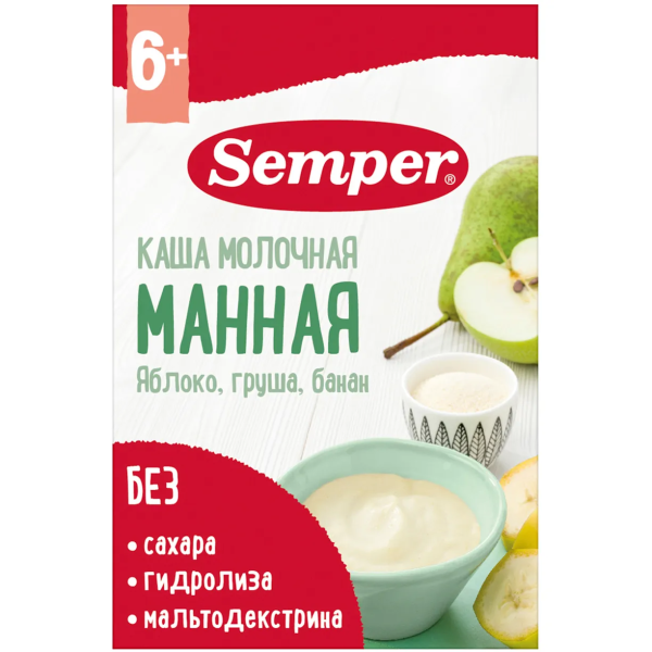 Каша Semper молочная манная яблоко груша банан 6м+ 180 гр