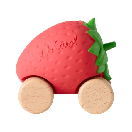 OLI&CAROL Машинка Sweetie the Strawberry, игрушка- прорезыватель на деревянных колёсах