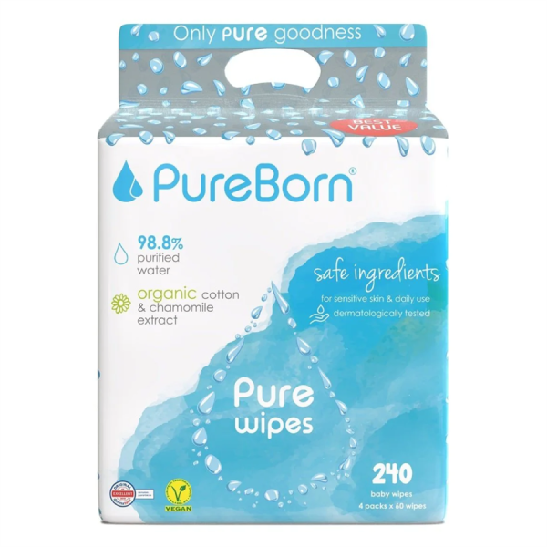 PureBorn Kids: cалфетки с ромашкой, натуральные, безвредные для чувствительной кожи, MULTI PACK  (60' x 4) (240')
