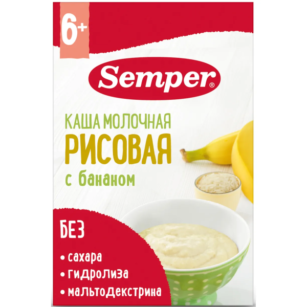 Каша Semper молочная рисовая банан 6м+ 180 гр