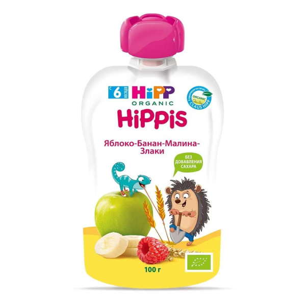 HIPP Детское Пюре Яблоко, банан, малина со злаками 100 гр