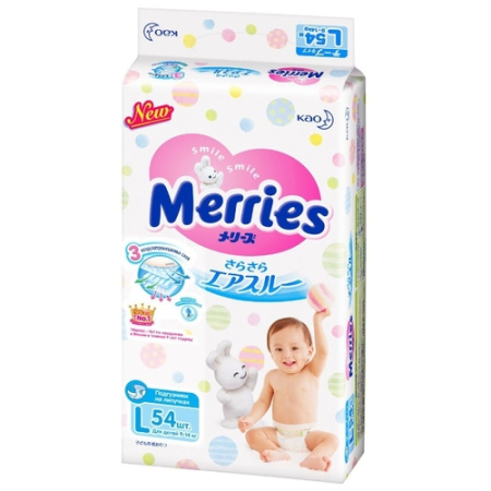 Подгузники для детей MERRIES размер L 9-14кг 54 шт