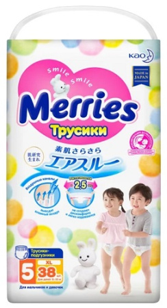 Трусики-подгузники для детей MERRIES размер XL 12-22кг 38 шт