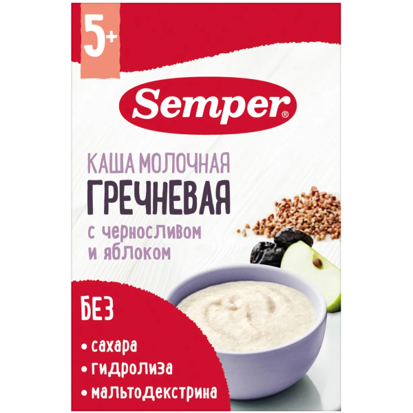 Каша Semper молочная гречневая чернослив яблоко 5м+ 180 гр