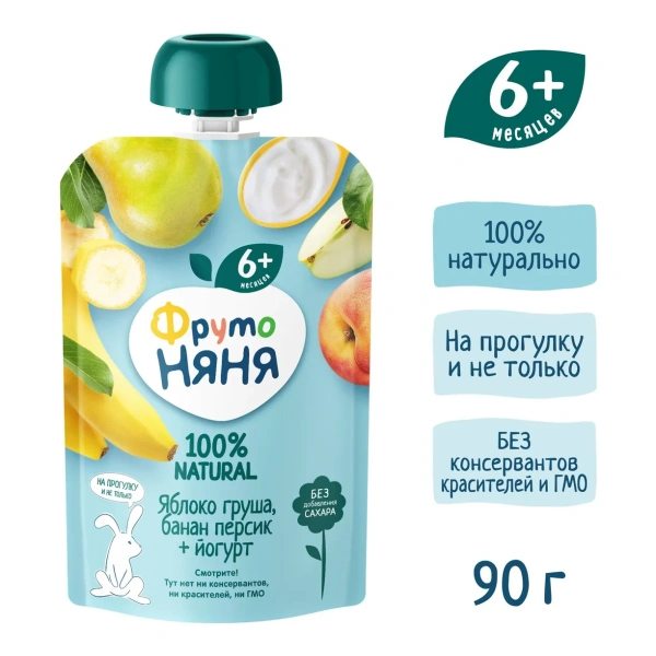 ФрутоНяня 90 гр Пюре из яблок, груш, бананов и персиков с йогуртом