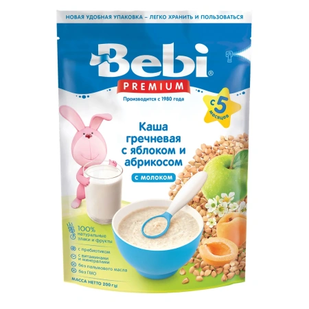 Каша BEBI молочная, гречневая, яблоко и абрикос, 5м+, 200 гр