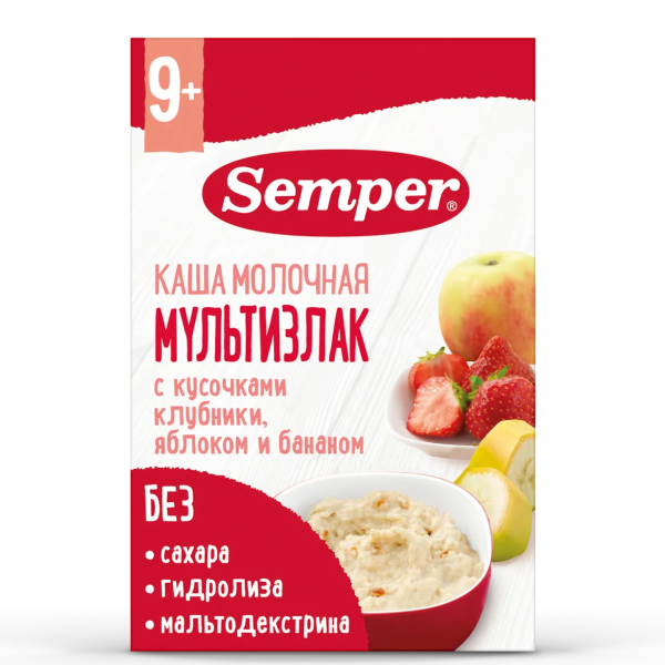 Каша Semper молочная мультизлак клубника яблоко банан 9м+ 180 гр