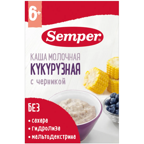 Каша Semper молочная кукуруза черника 6м+ 180 гр