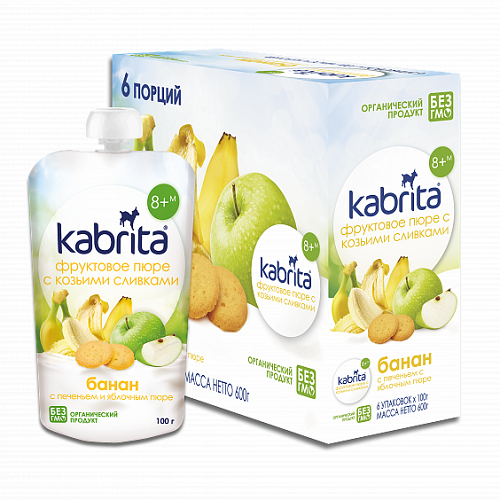 Kabrita/Кабрита пюре с козьими сливками "Банан-печенье-яблоко" 100г, с 8месяцев